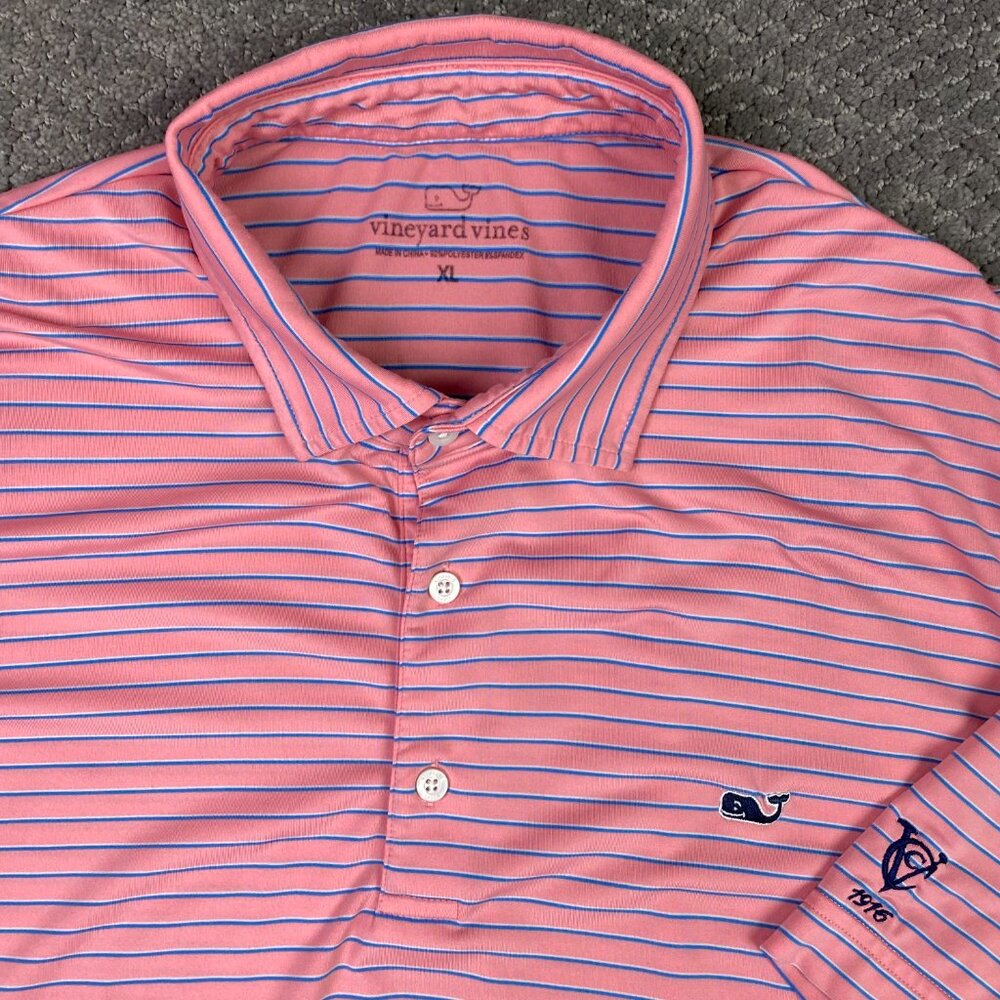 Vineyard Vines Polo Shirt Men's XL Pink Blue White Stripes Performance Golf